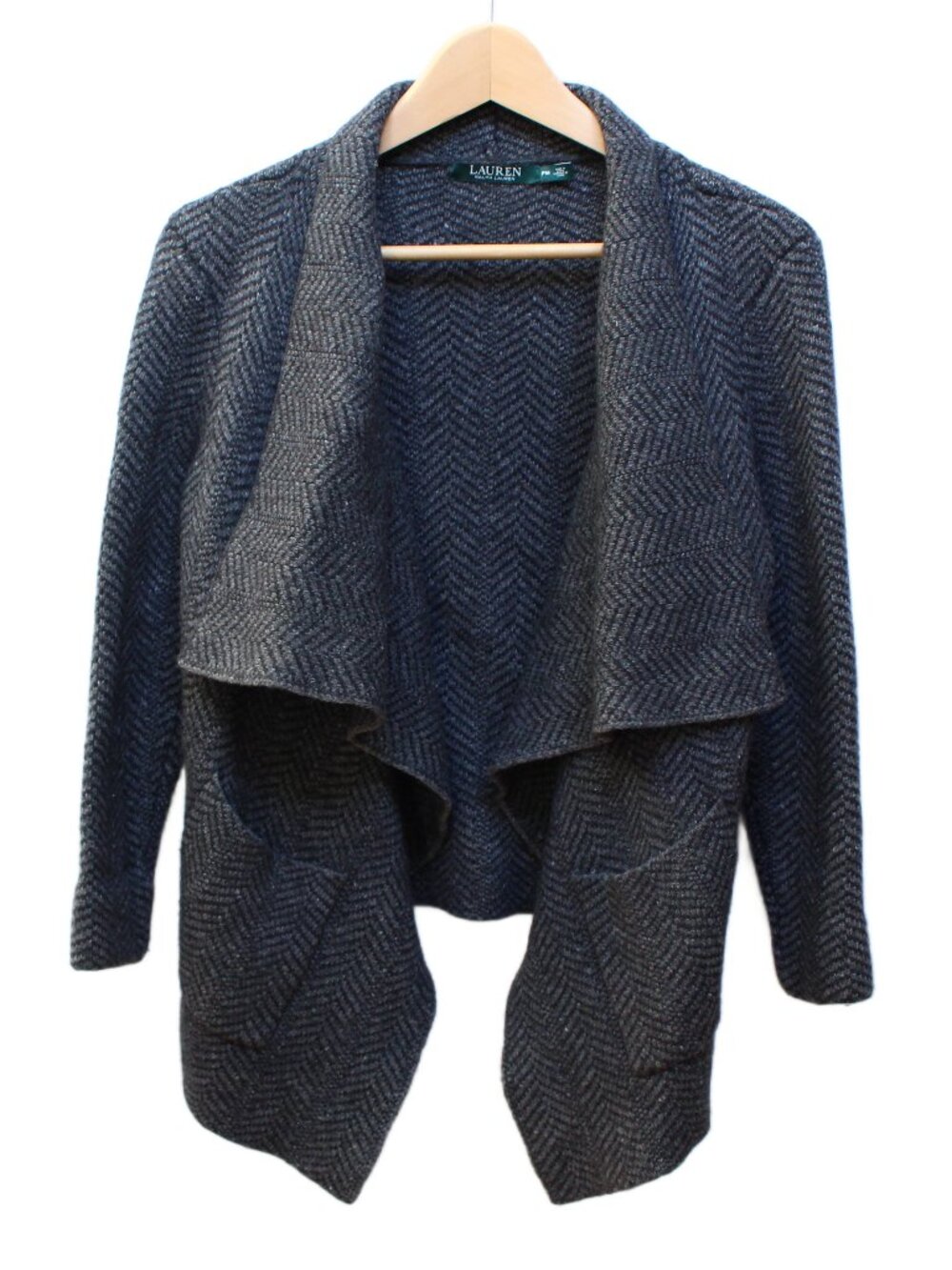 Lauren Ralph Lauren Wool Herringbone Waterfall Cardigan Sweater Petite Medium
